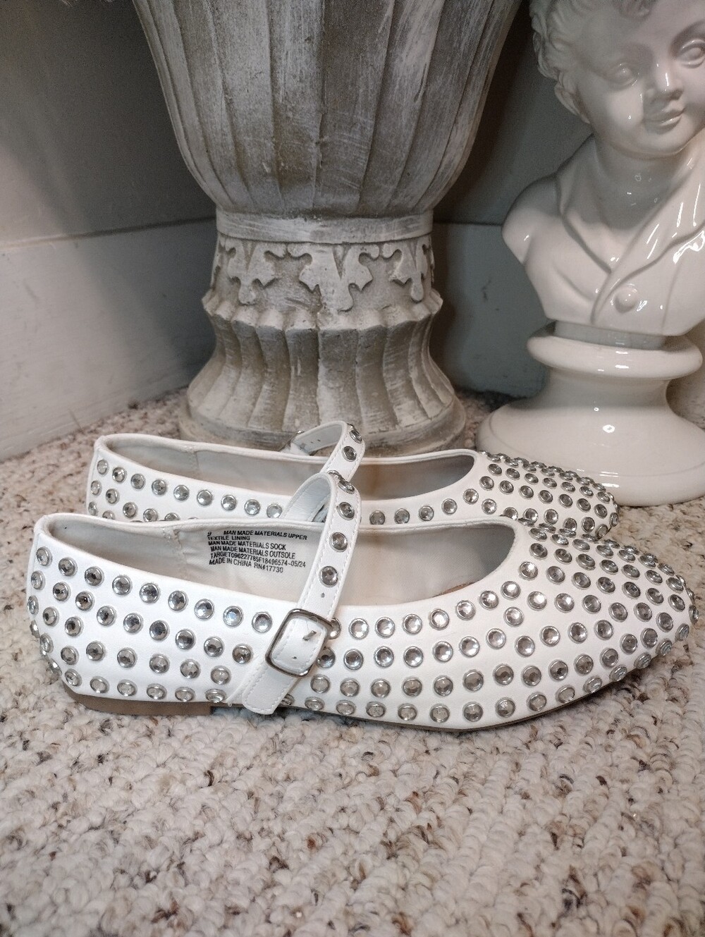 A New Day Sparkly Siver Rhinestone Studded Faux White Leather Mary Jane Flats